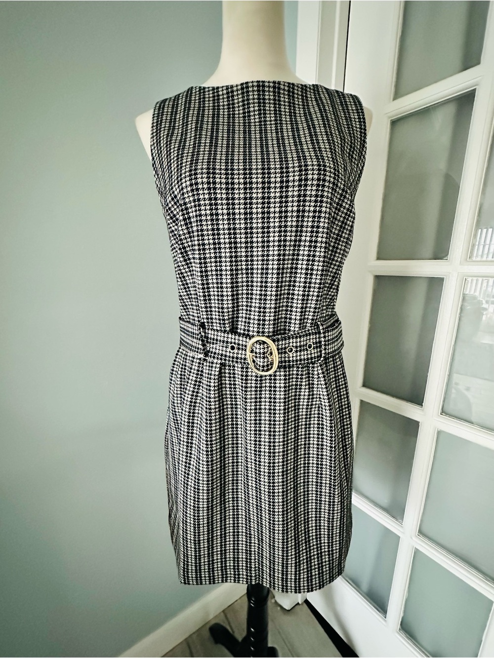 Michael Kors Black and White Houndstooth Belted Sheath Dress